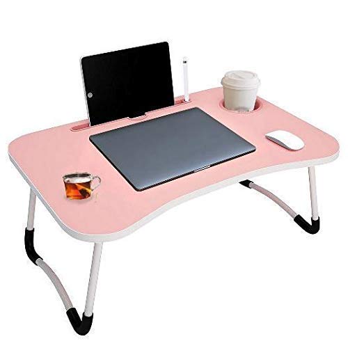 Wood Smart Multipurpose Foldable Laptop Table With Cup Holder,Study Table,Bed Table,Breakfast Table,Foldable&Portable/Ergonomic&Rounded Edges/Non-Slip/|(Black & PINK)