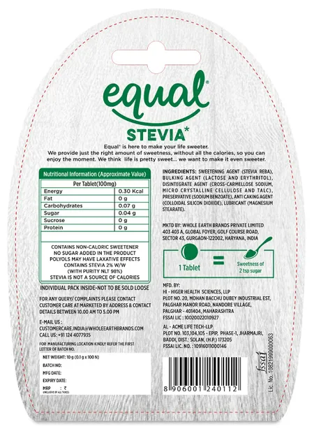 Equal Stevia Natural Sweetener Sugar Free Diabetic Friendly - 100 Piece