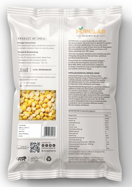 Popular Essentials Chana Dal (Un-Polished) - கடலை பருப்பு (மெருகூட்டப்படாதது) - Paruppu - 500g