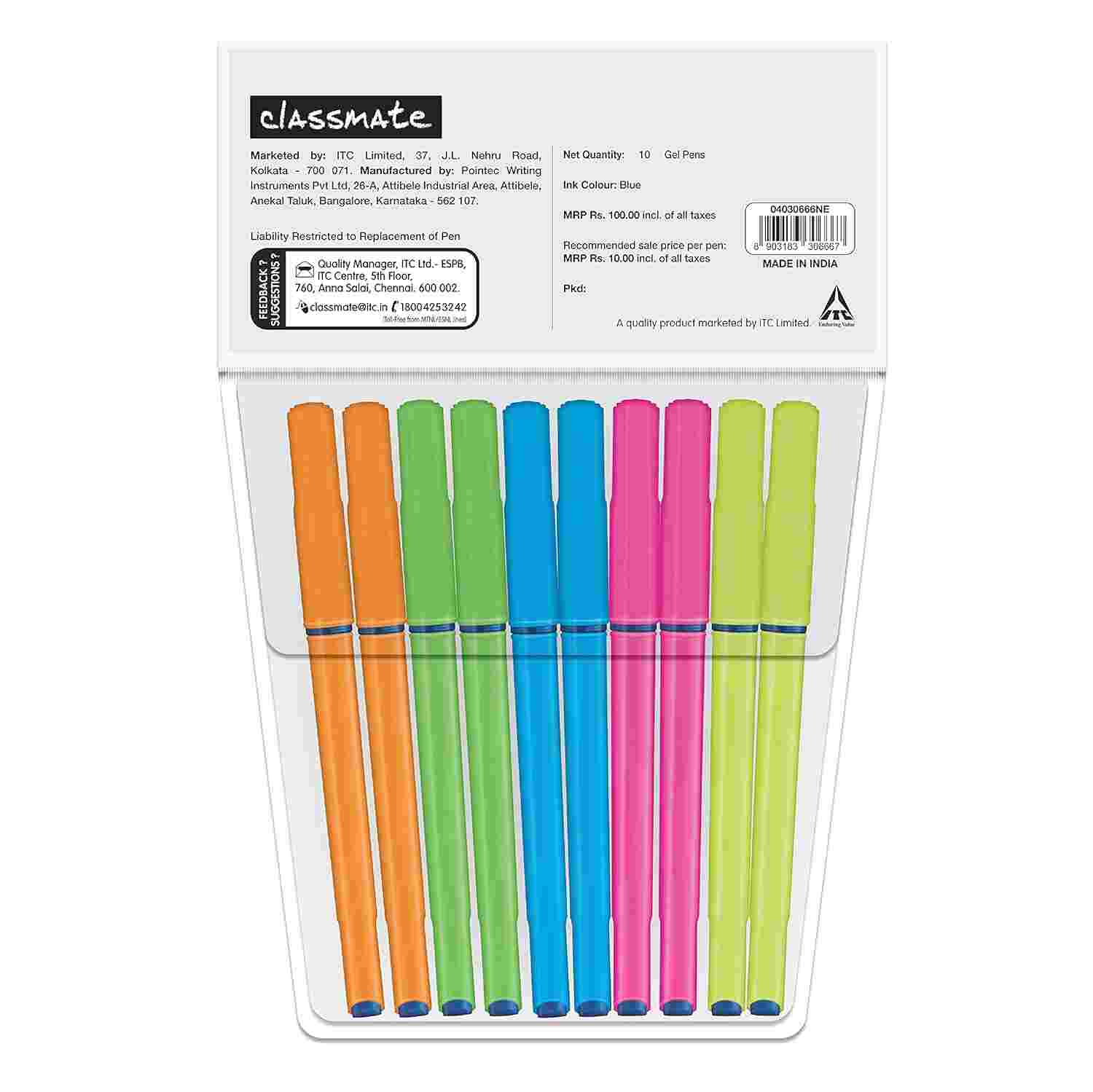 Classmate Octane Neon- Blue Gel Pens (Pack of 10)|Smooth Writing Pens|Water-Proof Ink for Smudge-Free writing|Attractive Neon Body Colours|Preferred by Students for Exam & Class Notes