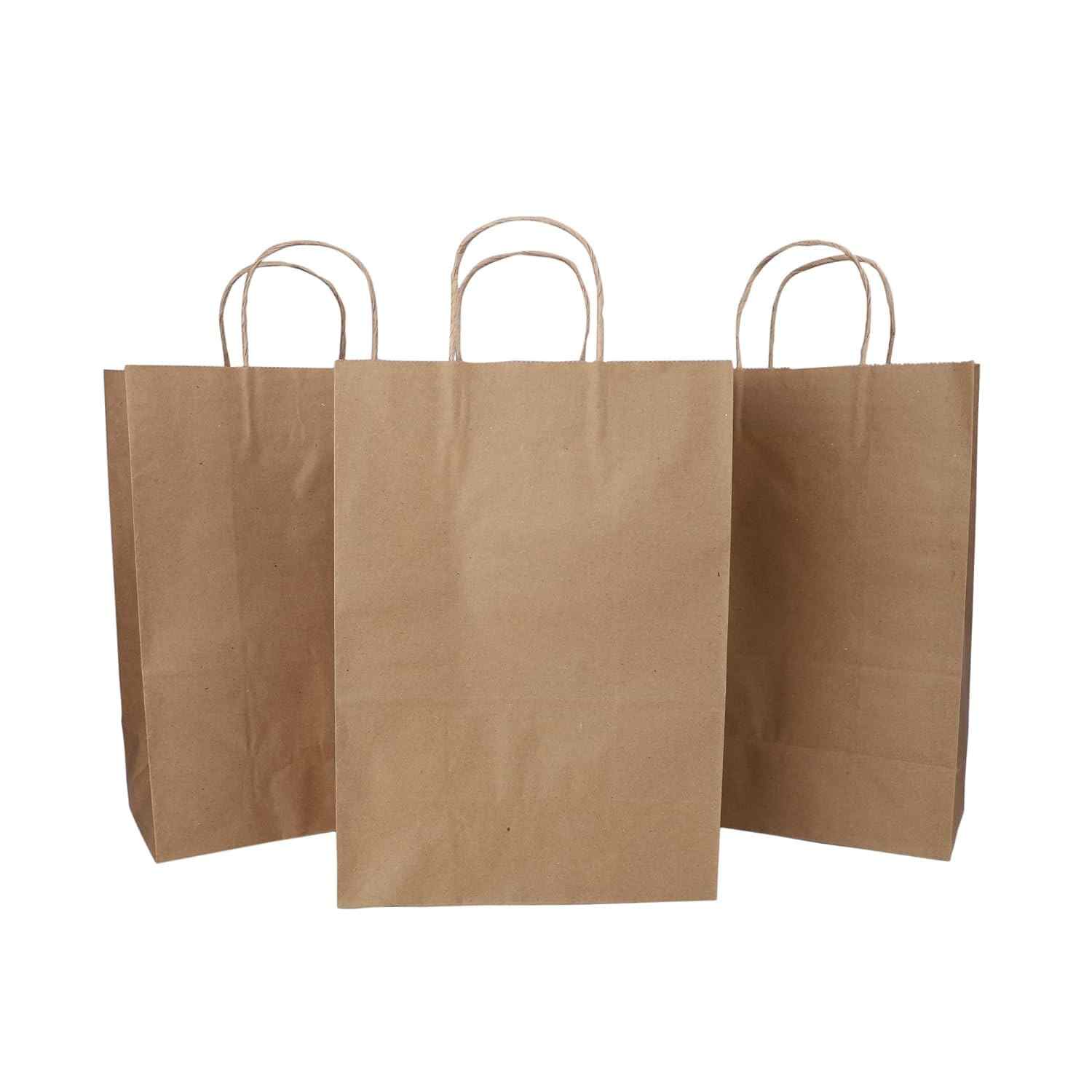 SAI BAGAVATH FAMILY MART Brown Kraft Paper Carry/Gift/Cloth/Grocery Recycled Eco Friendly Bags with handles - 10 * 5.5 * 14 inches, Pack of 20 pcs