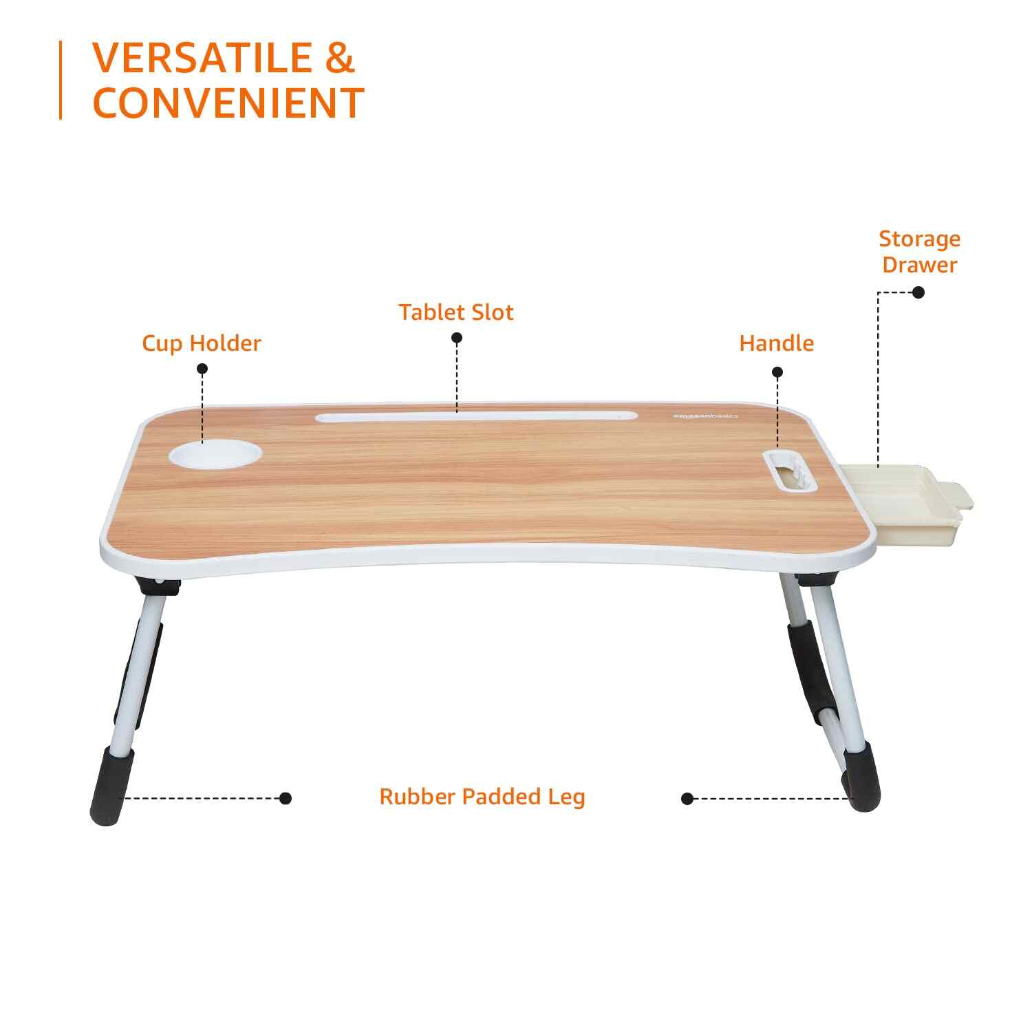 Wood Foldable Laptop Table with Cup Holder, Tablet Groove and Mini Drawer (Black)