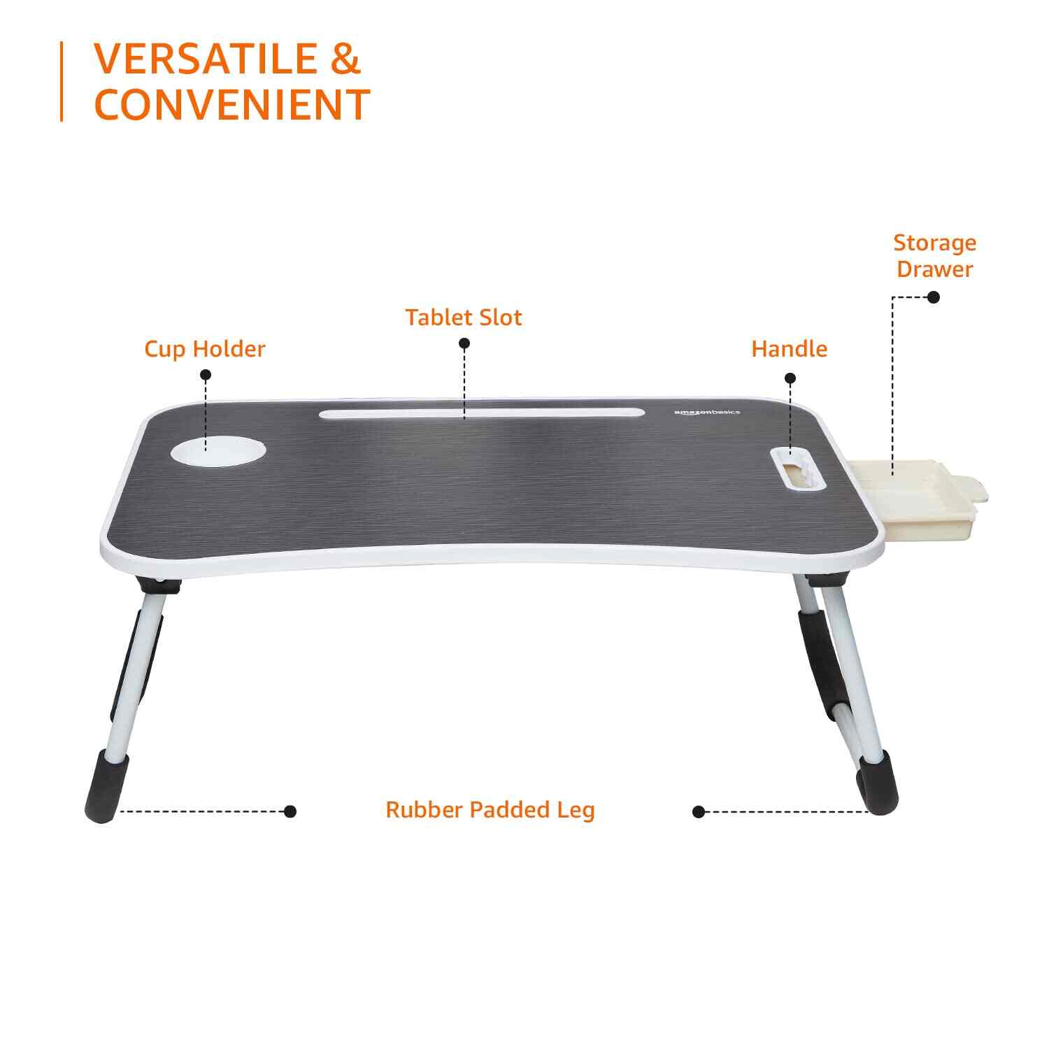 Wood Foldable Laptop Table with Cup Holder, Tablet Groove and Mini Drawer (Black)