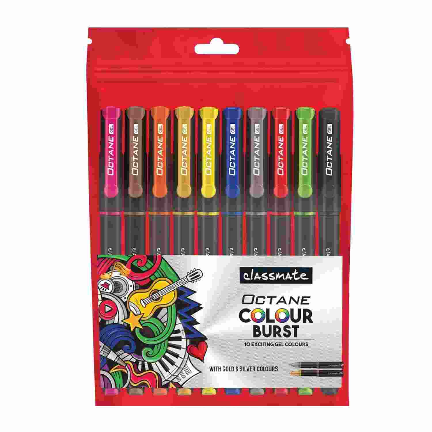 Classmate Octane Colour Burst-Multicolour Gel Pens (Pack of 10) | Gold & Silver Glitter Sparkle Pens|10 Colour Ink Shades for Art Lovers and Kids|Fun at Home Essentials