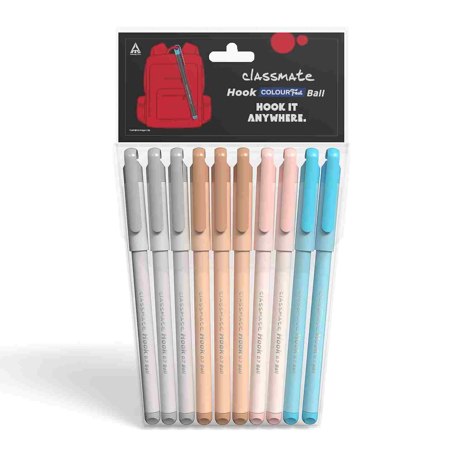 Classmate Hook Ball Pen- Blue (Pack of 10)|Multicolour Body Pens|Attractive Pastel Shades for Boys & Girls|Smooth Writing Ball Pen|Unique Design