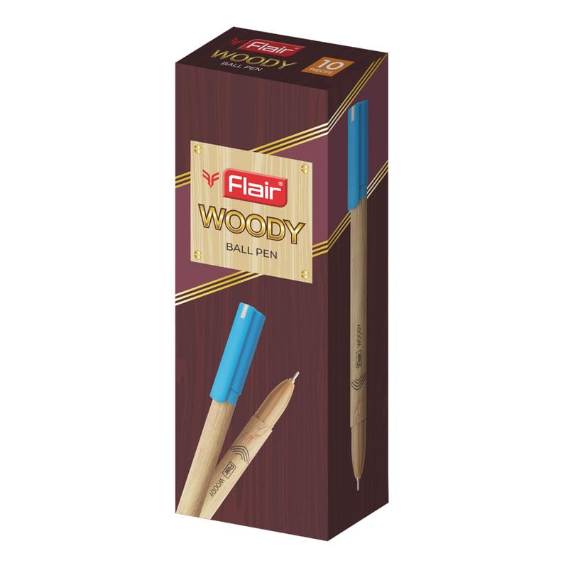 FLAIR Woody 0.7mm Ball Pen Box Pack | Attractive Woody Design | Smooth Ink Flow System With Low-Viscosity Ink | Smudge Free Writing | Blue Ink, Pack of 10 Pens