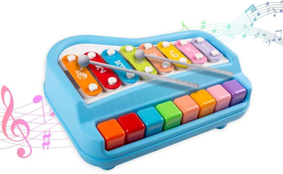 SBFM 2 in 1 Mini Piano (8 Keys) Musical Xylophone for 2+ Year Old, Non-Battery & Non-Toxic Preschool Educational Learning Instrument Keyboard Toy for Boys & Girls with 2 Sticks